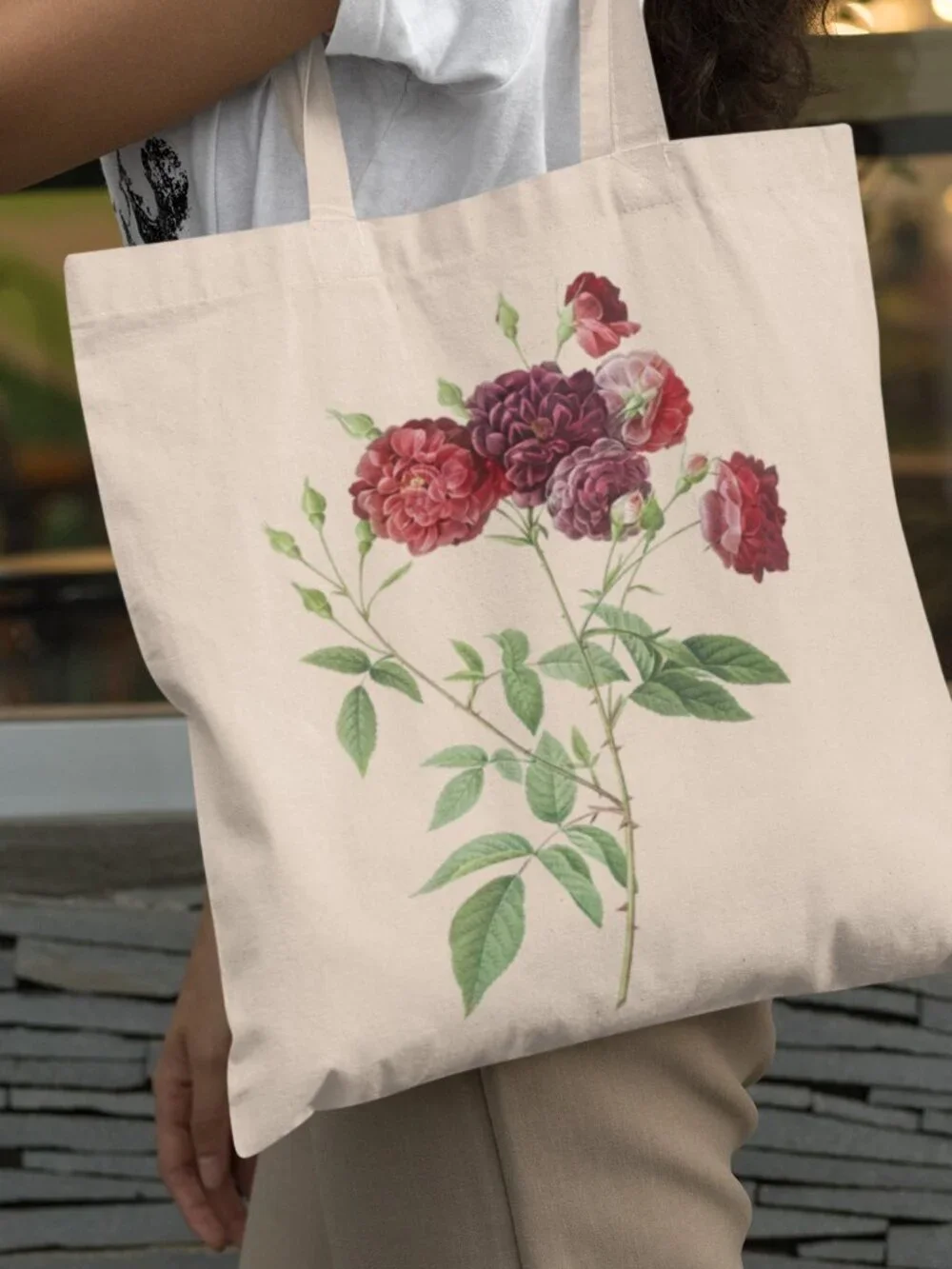 Ternaux Rose Vintage Floral Print Graphic Canvas Tote Bag